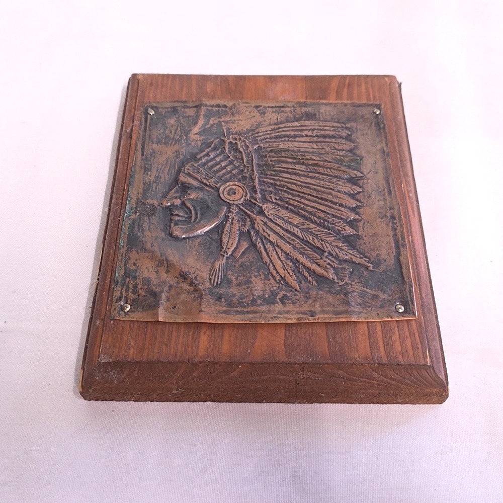 Handmade Copper Relief Plaque Native American Chief Wood Base 5x6 Brown Rustic